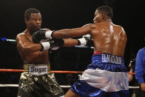 27 September 2008: Shane Mosley exchanges punches with Ricardo Mayorga (NIC) during their Junior Middleweight bout in Carson, CA. Mosley won with a knockout in the final seconds of the 12th round.