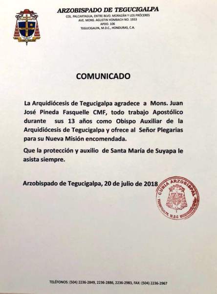 Comunicado de la Arquidiócesis de Tegucigalpa