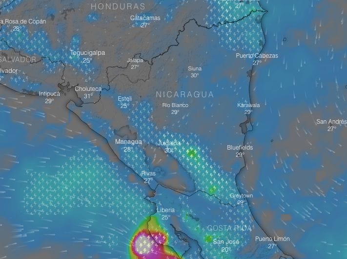 Mapa de precipitaciones en Nicaragua, actualizado a las 11:00 am