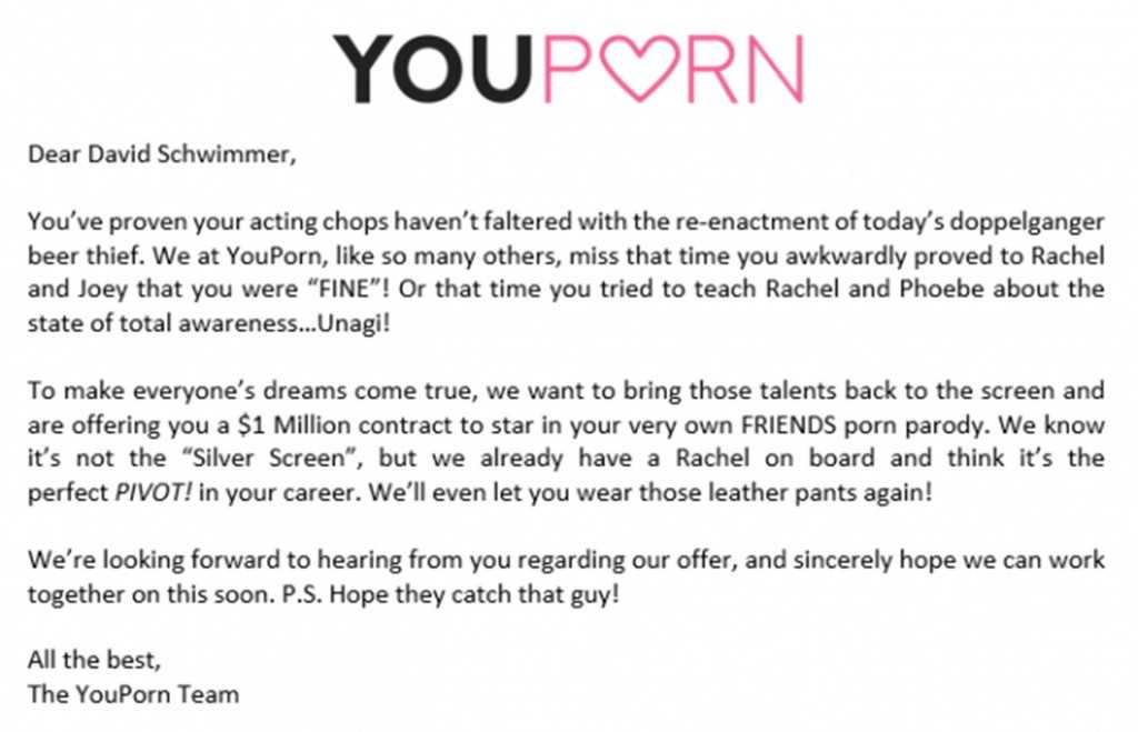 Carta de YouPorn al actor David Schwimmer