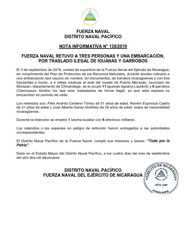 Nota informativa 130/2019 del Ejército de Nicaragua
