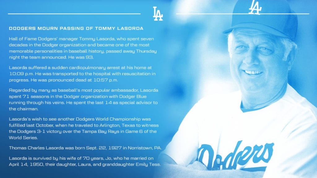 Comunicado sobre la muerte de Lasorda por parte de Los Dodgers