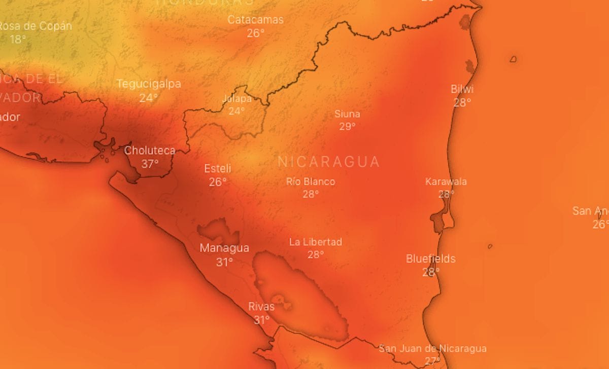 Mapa meteorológico de Nicaragua, por la tarde del lunes 8 de marzo 2021. Fuente windy.com
