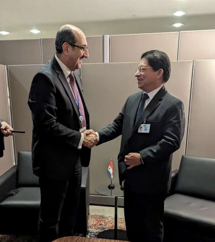 Compañero Canciller Denis Moncada con el Compañero Bassam Sabbagh, Embajador de Siria en ONU y Vice Ministro de Relaciones Exteriores.