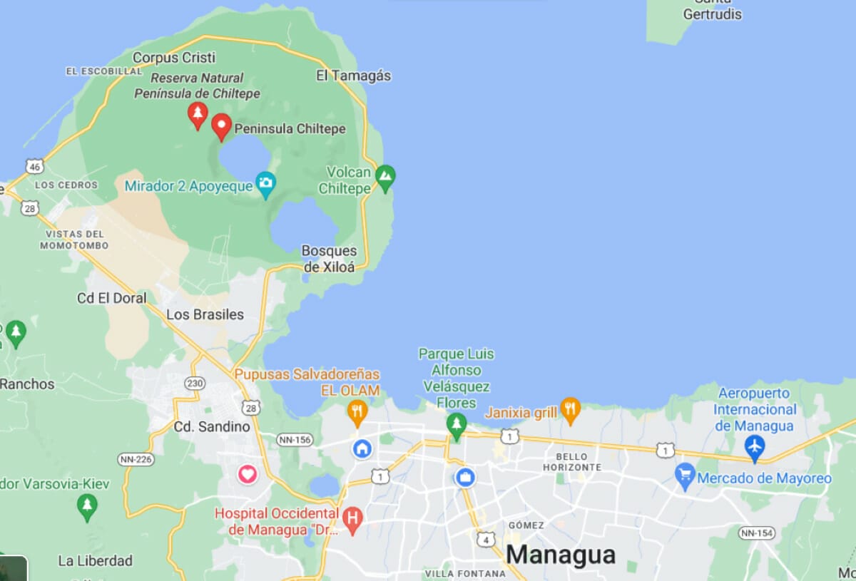 Mapa de la península de Chiltepe, en Nicaragua