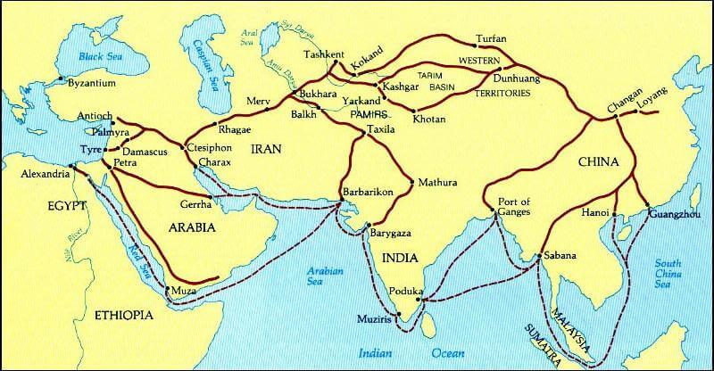 La vieja Ruta de Seda que conectaba Etiopía, Egipto, Siria, Irán, Asia Central, la India, China y Asia Sur-Este