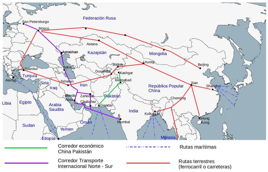 Nueva Iniciativa de la Franja y Ruta más los corredores China-Pakistan y Norte Sur